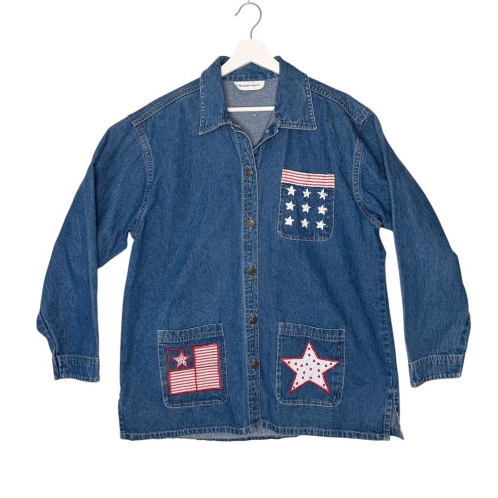 Michelle Louise Womens XL Denim Shirt Patriotic Americana Stars Stripes Blue